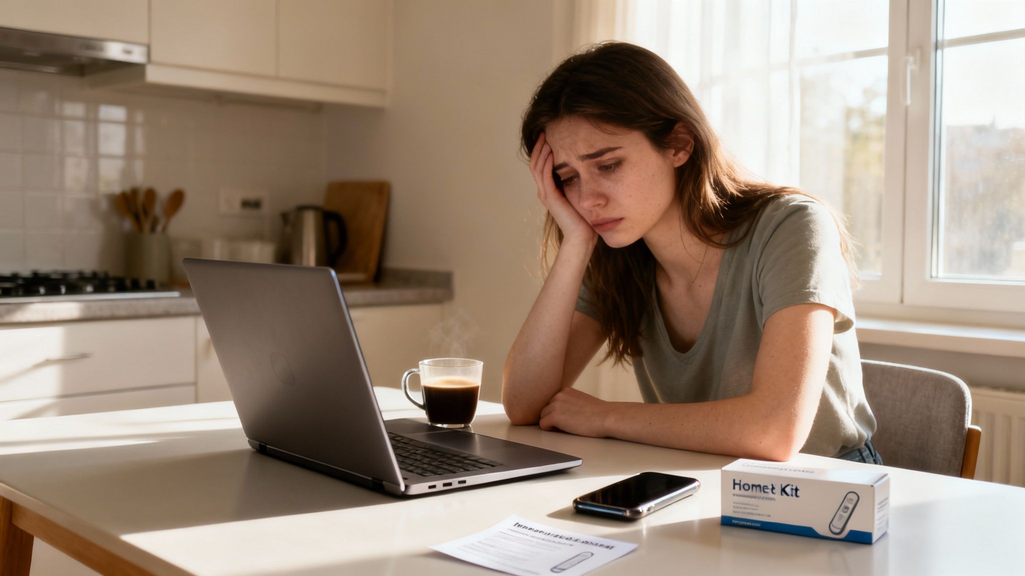 A distressed young woman in a kitchen, looking at a laptop with a home testing kit on the table.