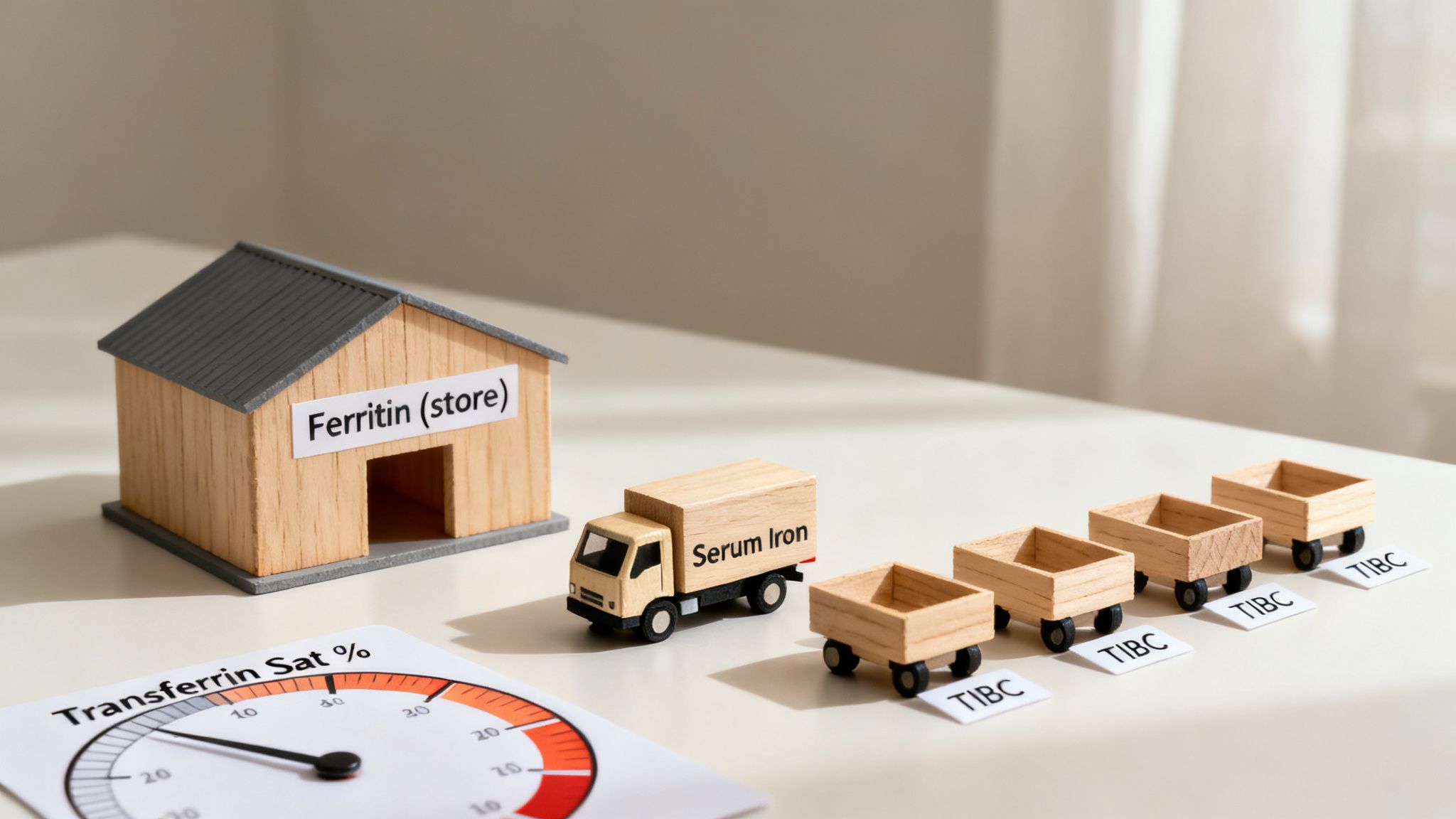 A conceptual model explaining blood iron tests with miniature house, truck, carts, and dial.