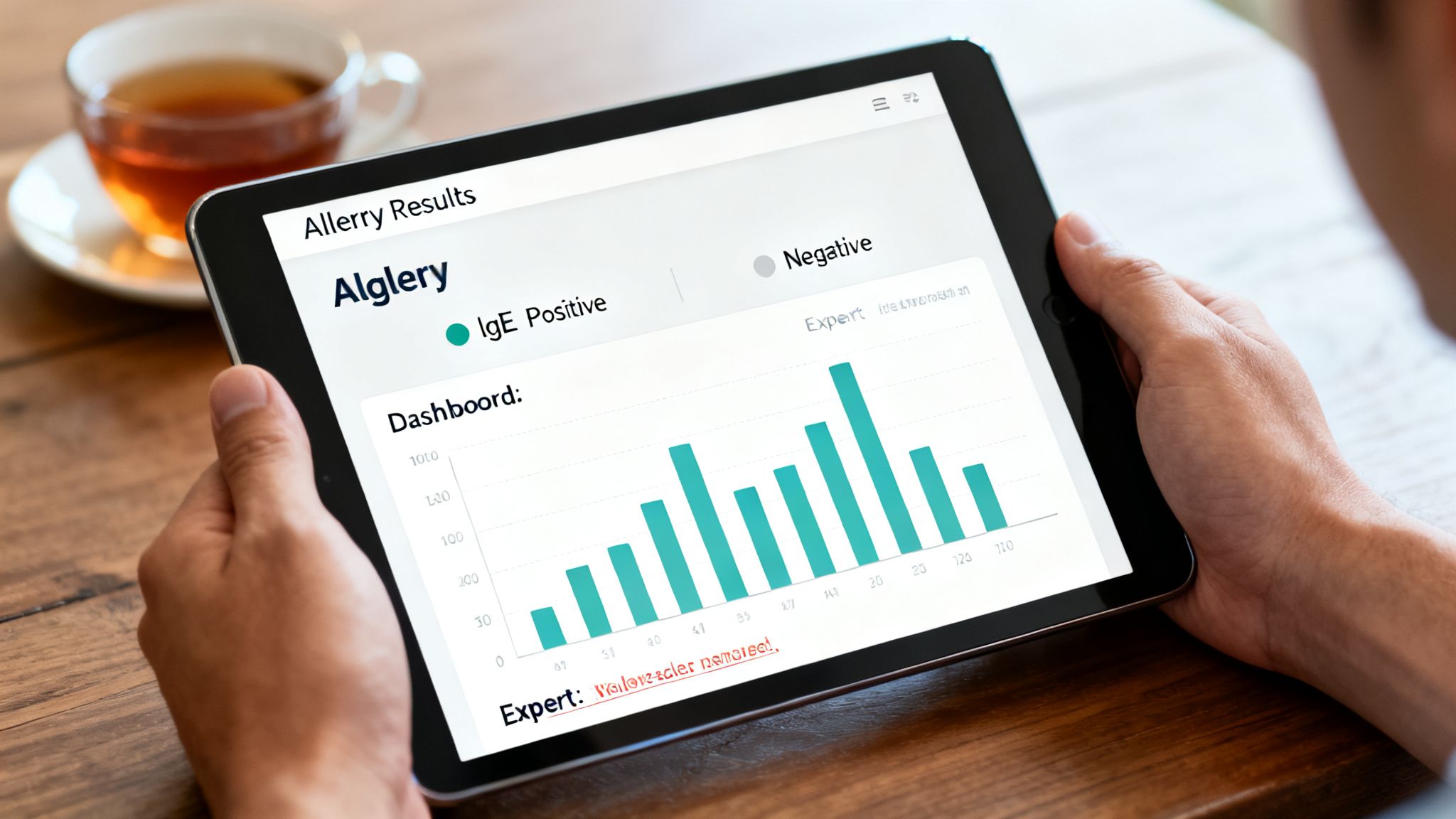 A person holds a tablet displaying allergy test results with a bar graph and "IgE Positive" status.
