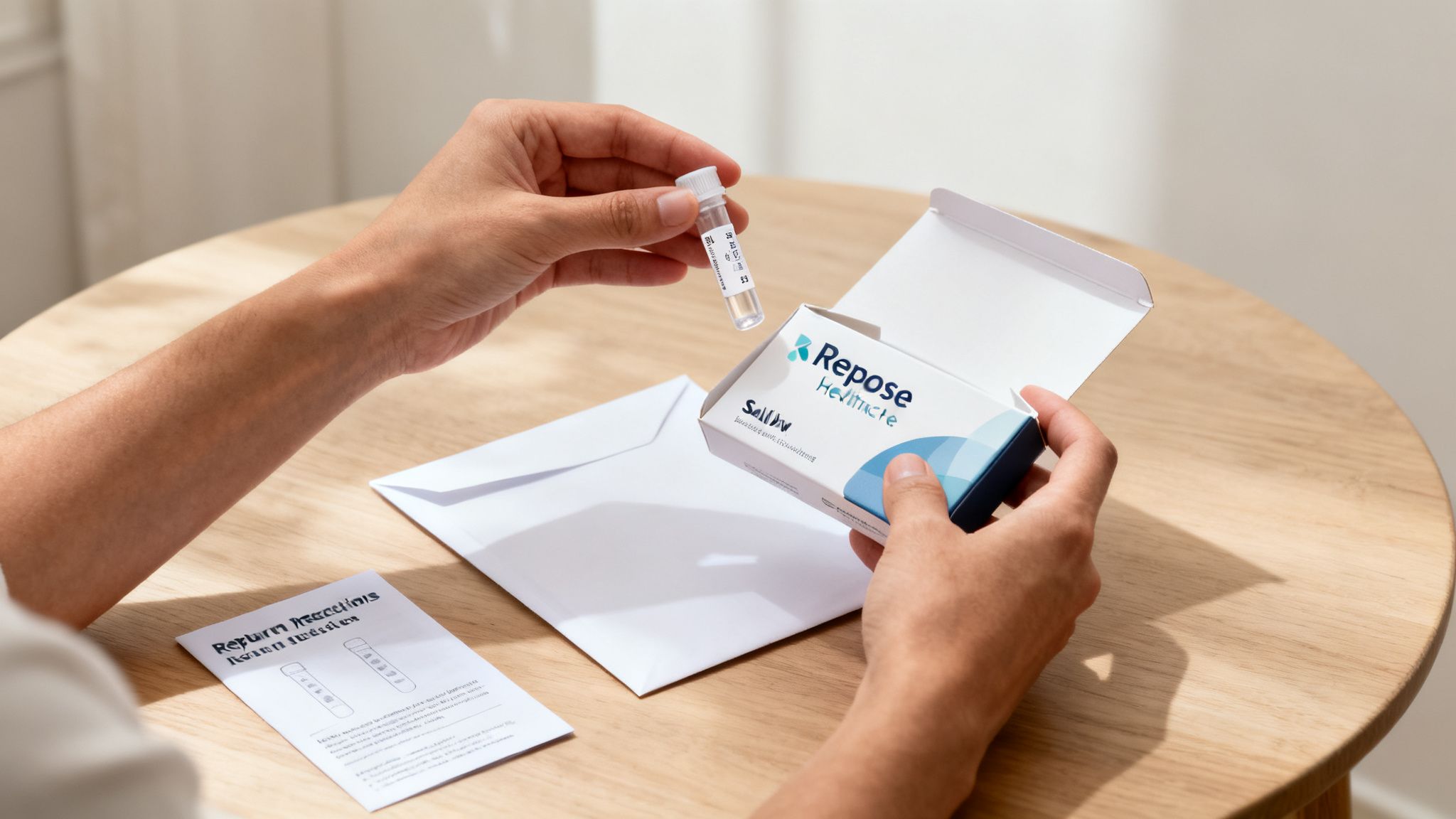 Hands hold a genetic test kit vial and its box with return instructions on a wooden table.