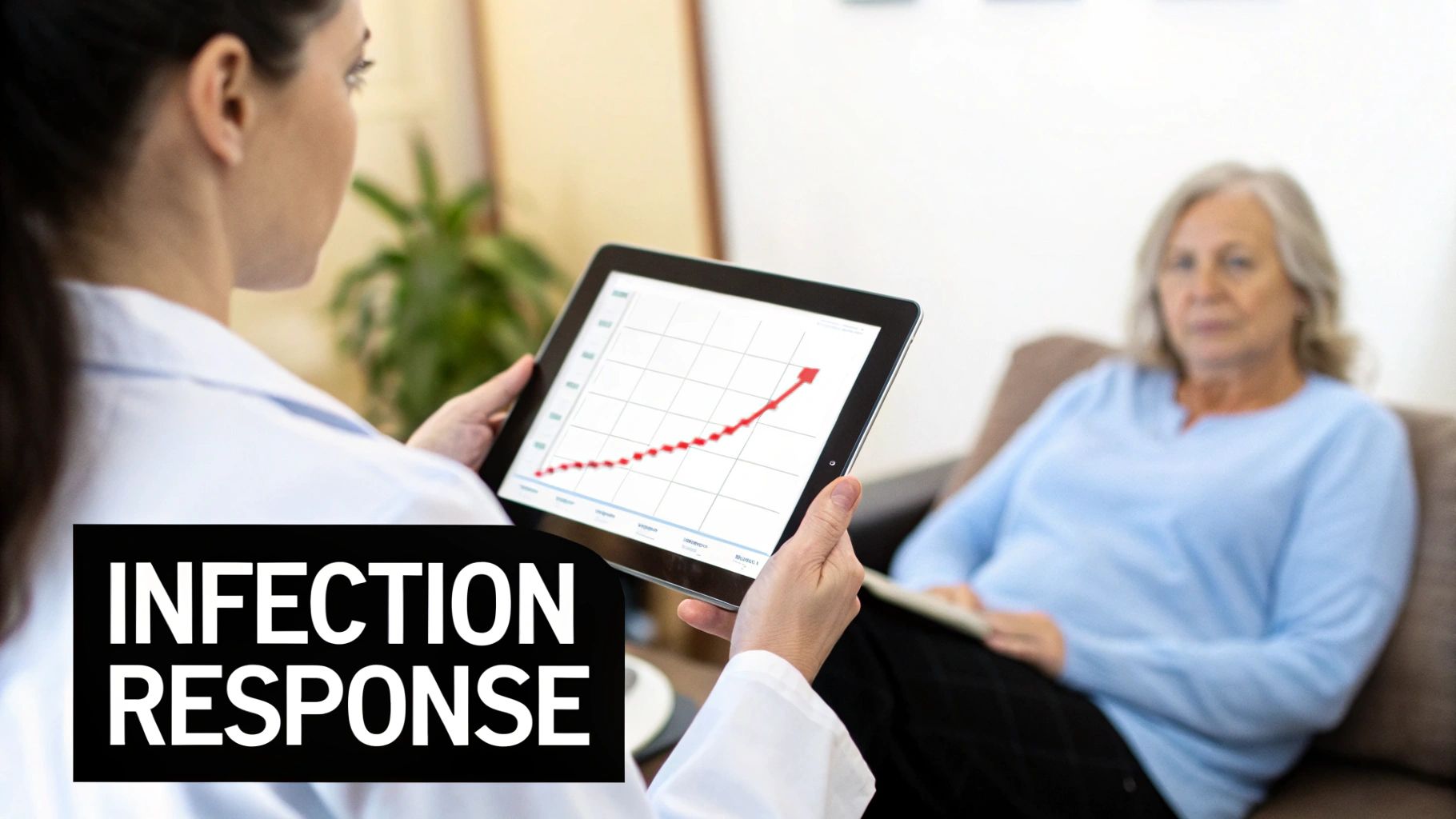A doctor shows a tablet with an increasing infection response graph to an elderly patient.