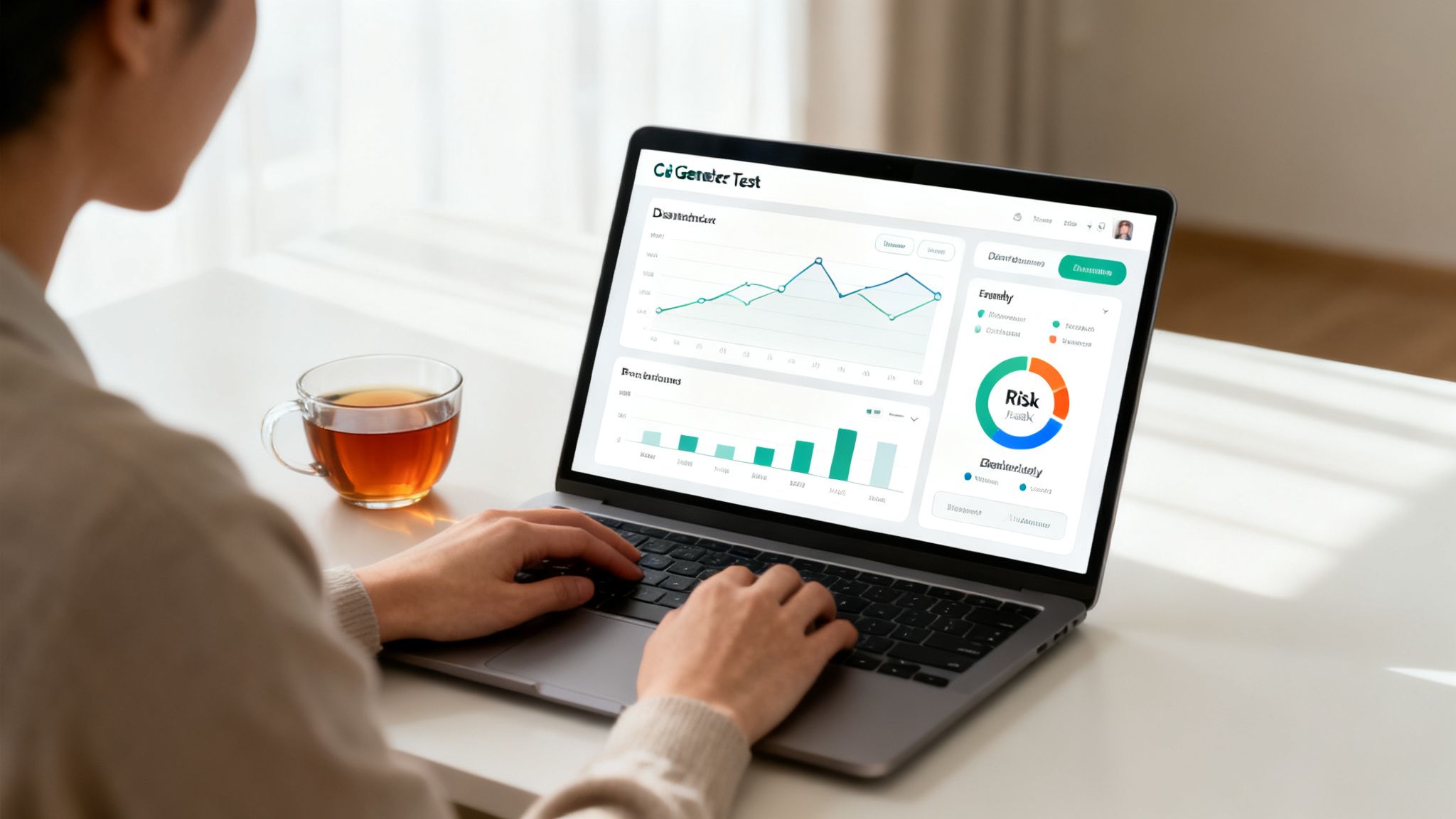 A person works on a laptop showing a genetic test dashboard with charts and data, a cup of tea nearby.