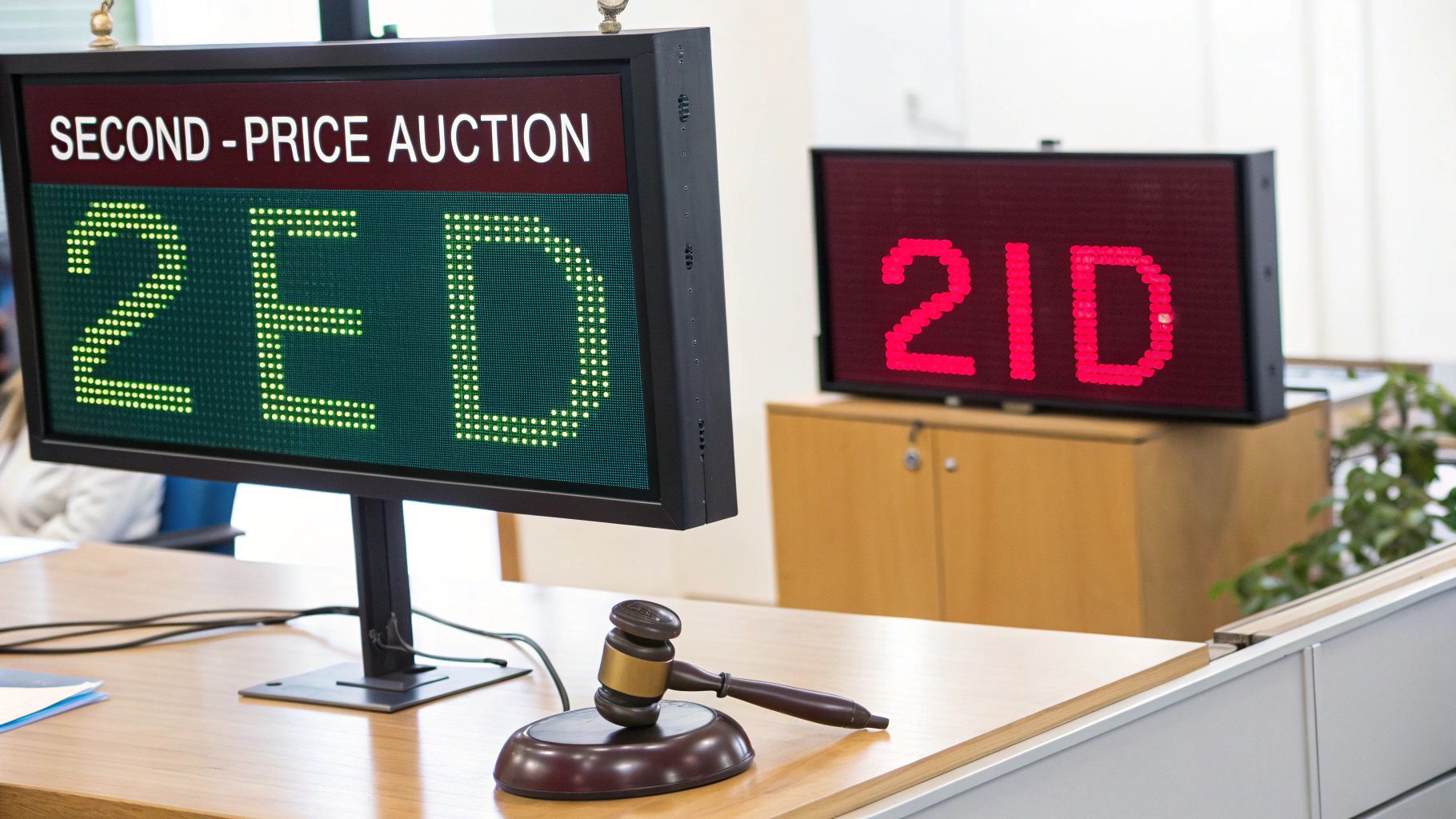 Two digital displays showing 'Second-Price Auction' and bids, with an auction gavel on a wooden desk.