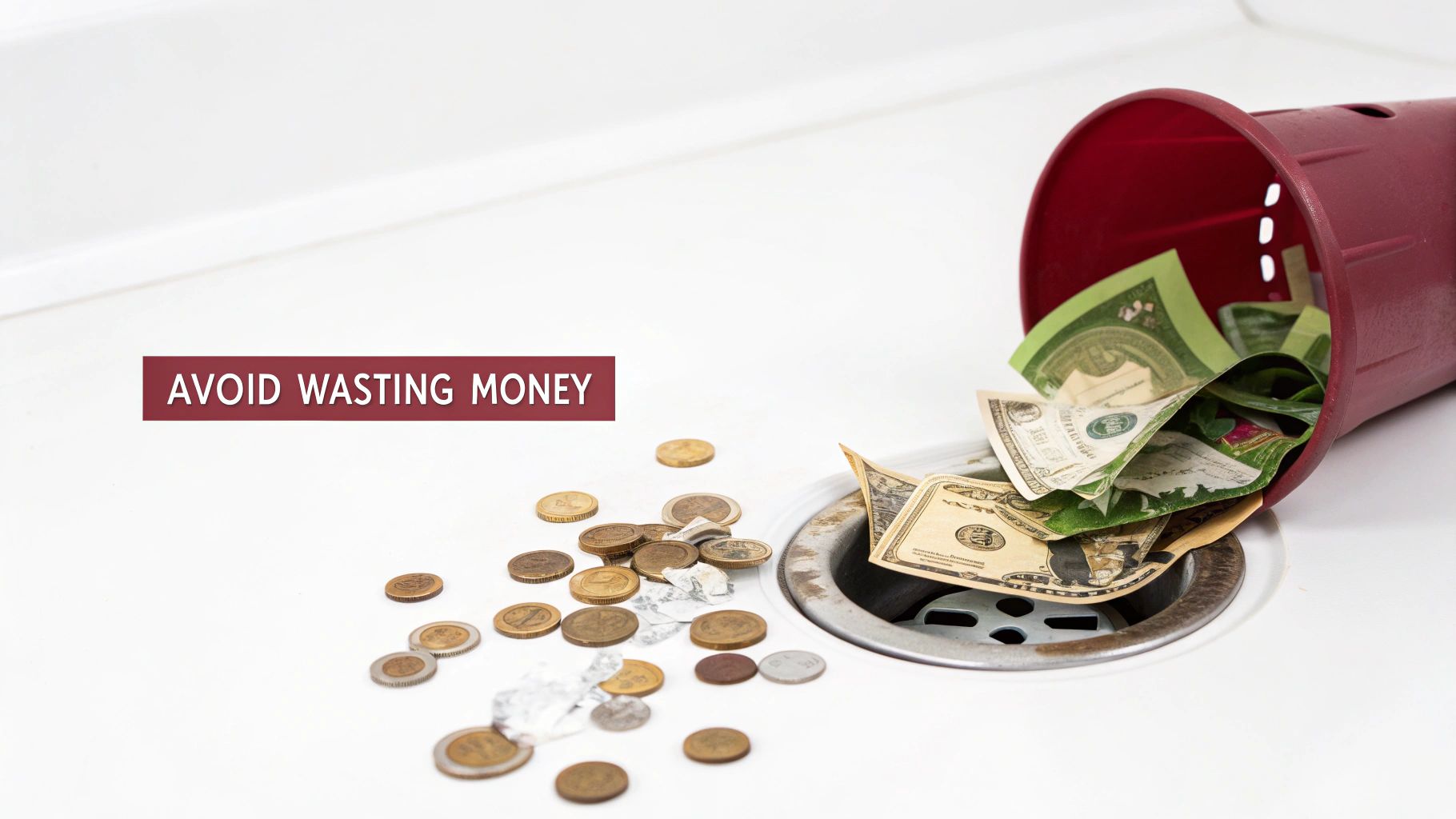 Banknotes and coins spilling from a red container into a drain, with text "AVOID WASTING MONEY".