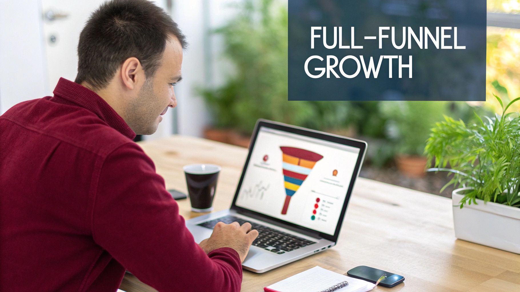 Man working on a laptop displaying a full-funnel marketing graphic for growth strategy.