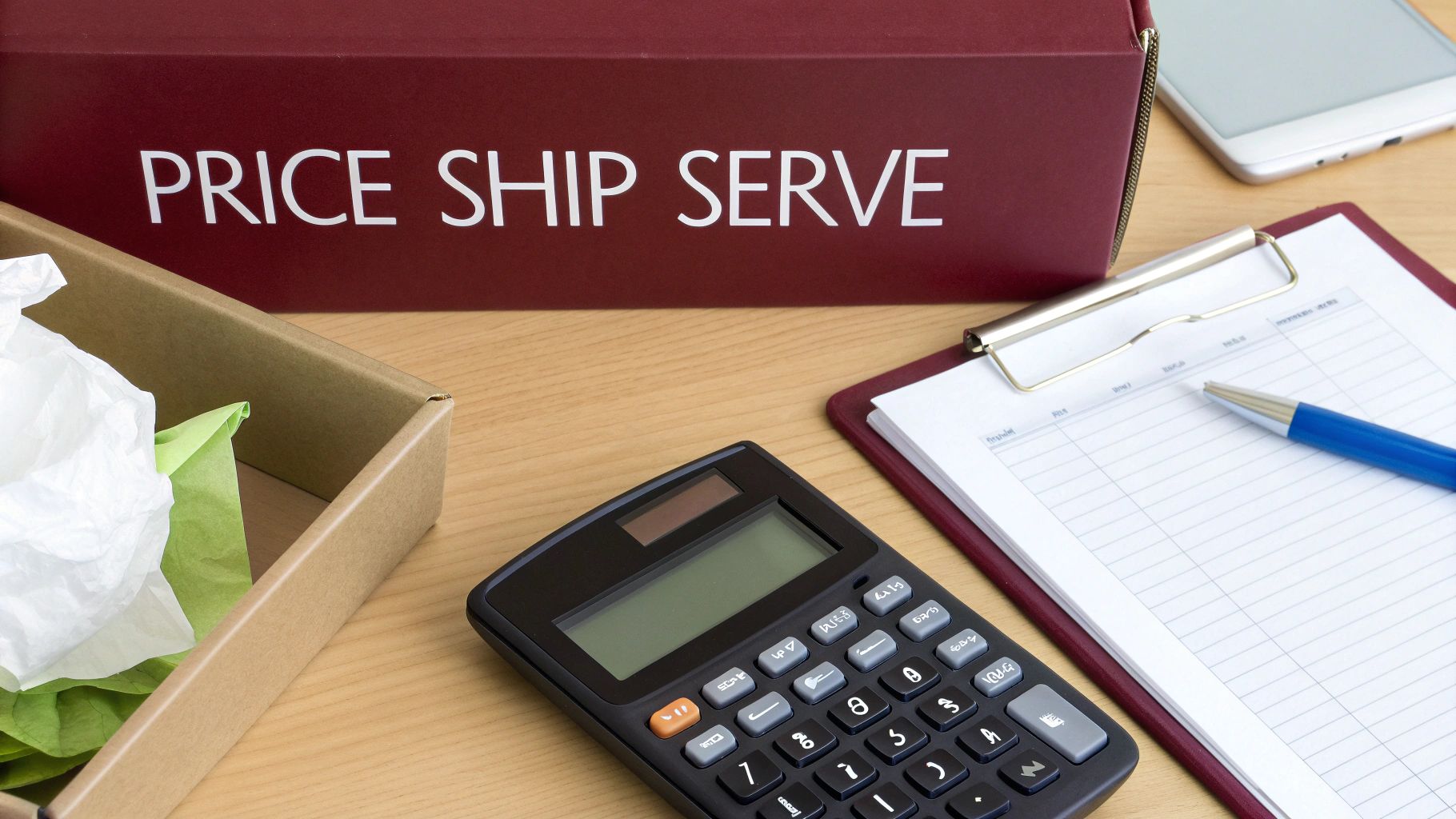 A red box labeled 'PRICE SHIP SERVE' sits on a desk with a calculator, clipboard, and open shipping box.