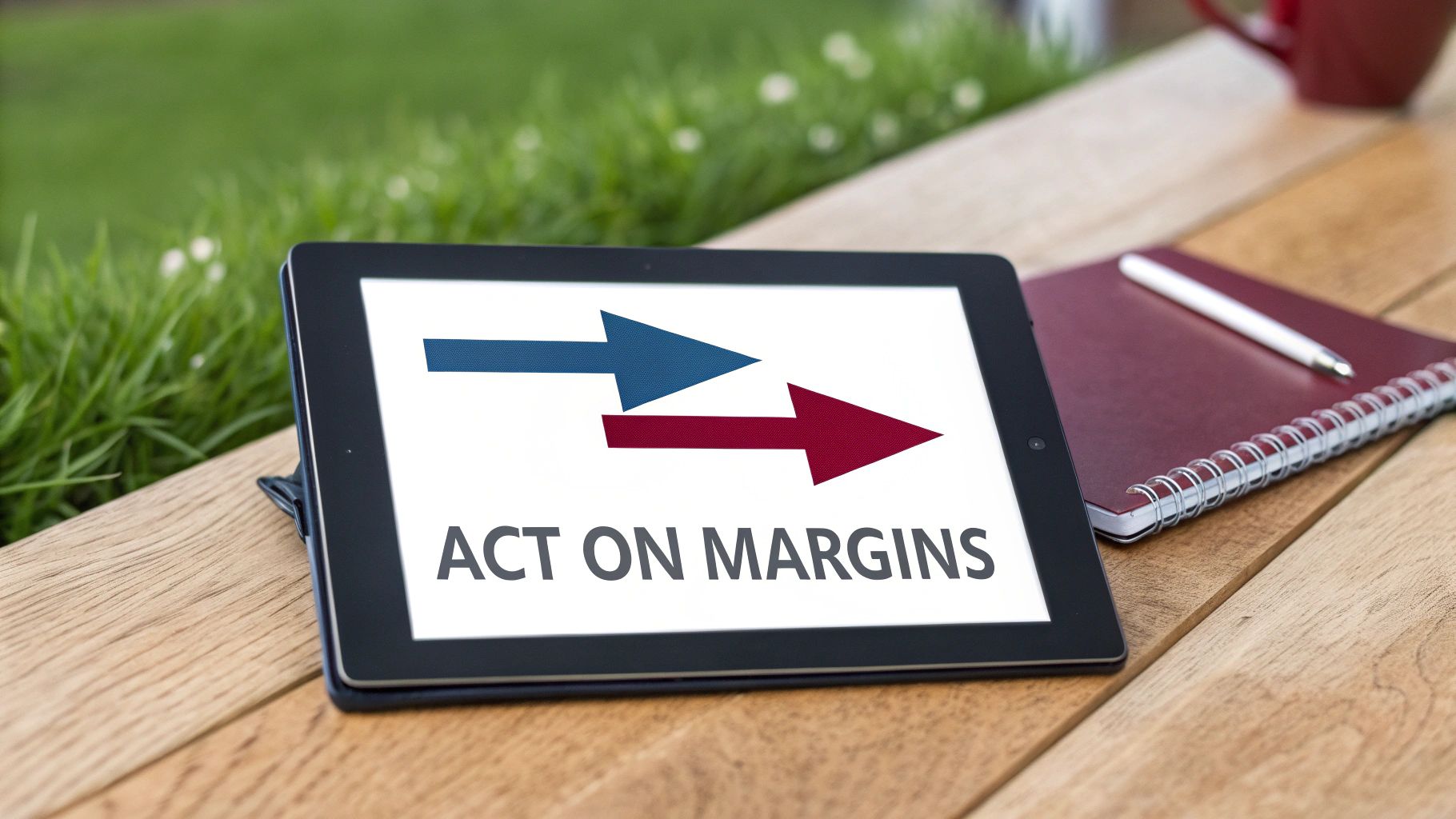 A tablet displays 'ACT ON MARGINS' with blue and red opposing arrows, next to a notebook on a wooden table.