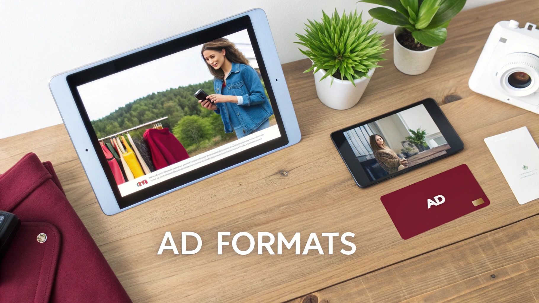 Various ad formats displayed on a tablet, smartphone, and card on a wooden desk with plants and a camera.