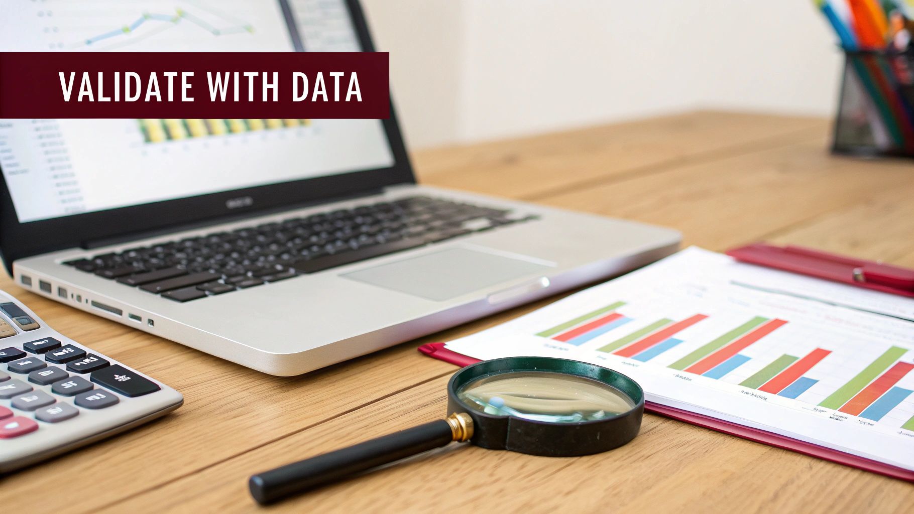 A desk with a laptop, calculator, charts, and magnifying glass, with text 'VALIDATE WITH DATA'.