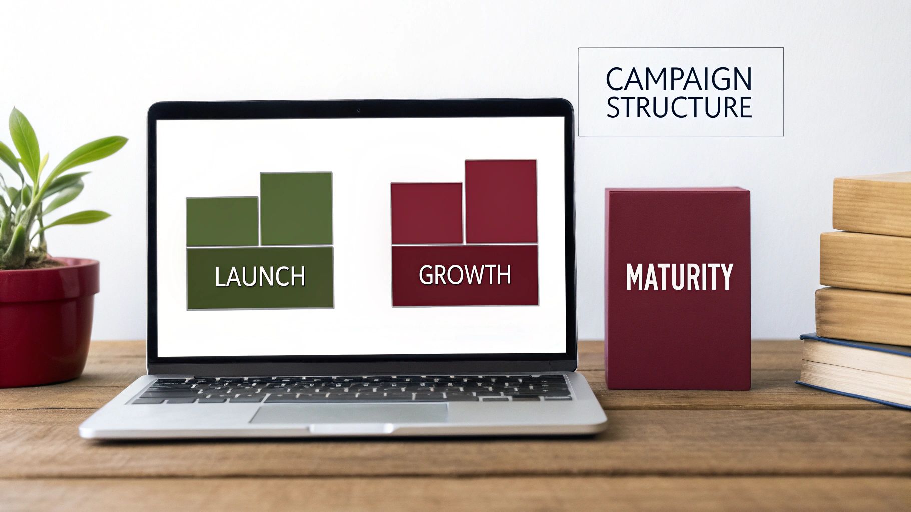 Laptop displaying campaign launch and growth stages, with a box for maturity, showing campaign structure.