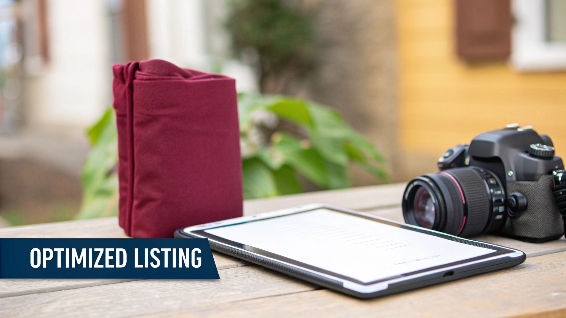 A red cloth, white tablet, and black camera on a wooden table, with an 'OPTIMIZED LISTING' banner.