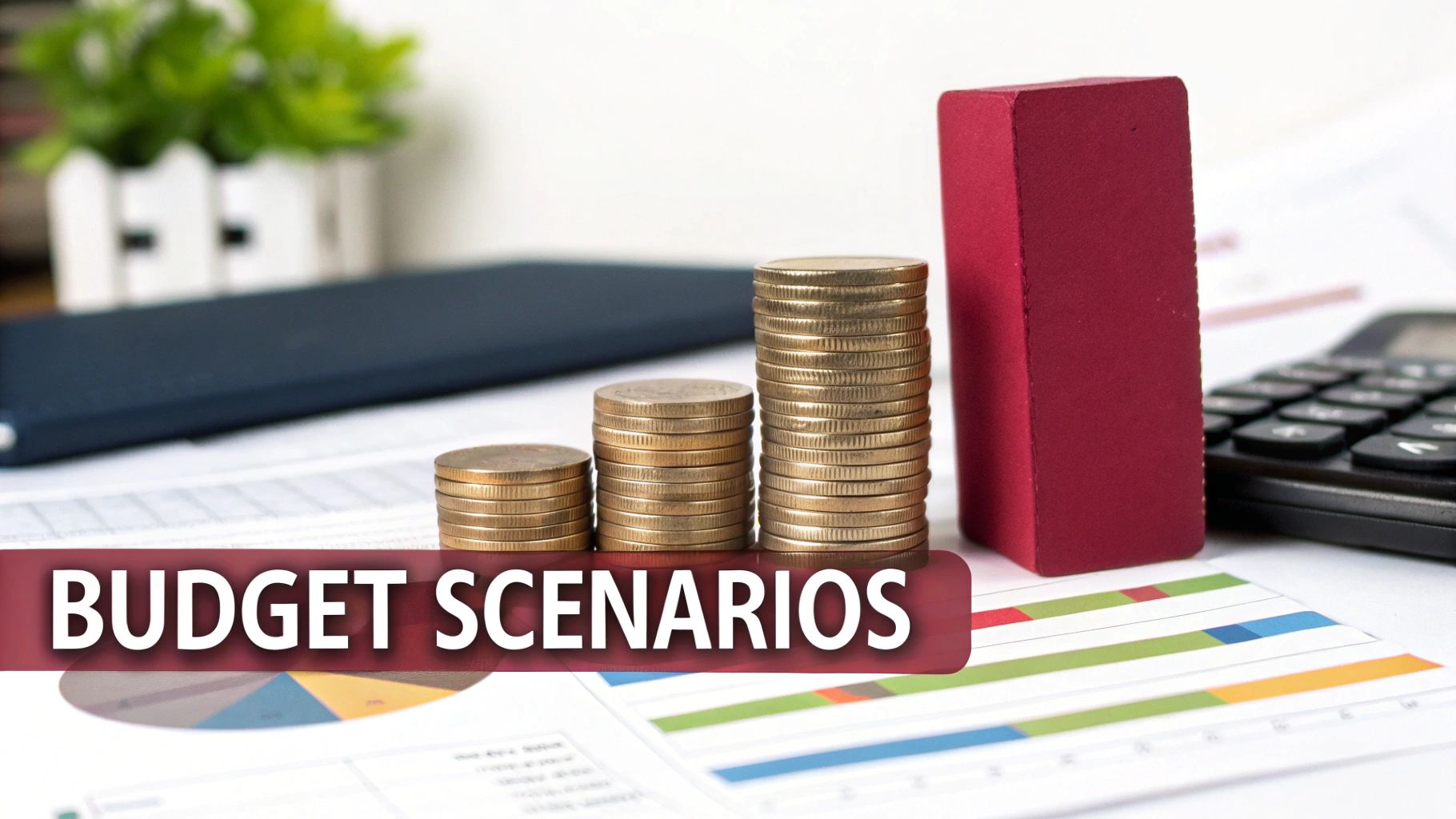 Stacks of coins, a calculator, charts, and a 'BUDGET SCENARIOS' banner for financial planning.