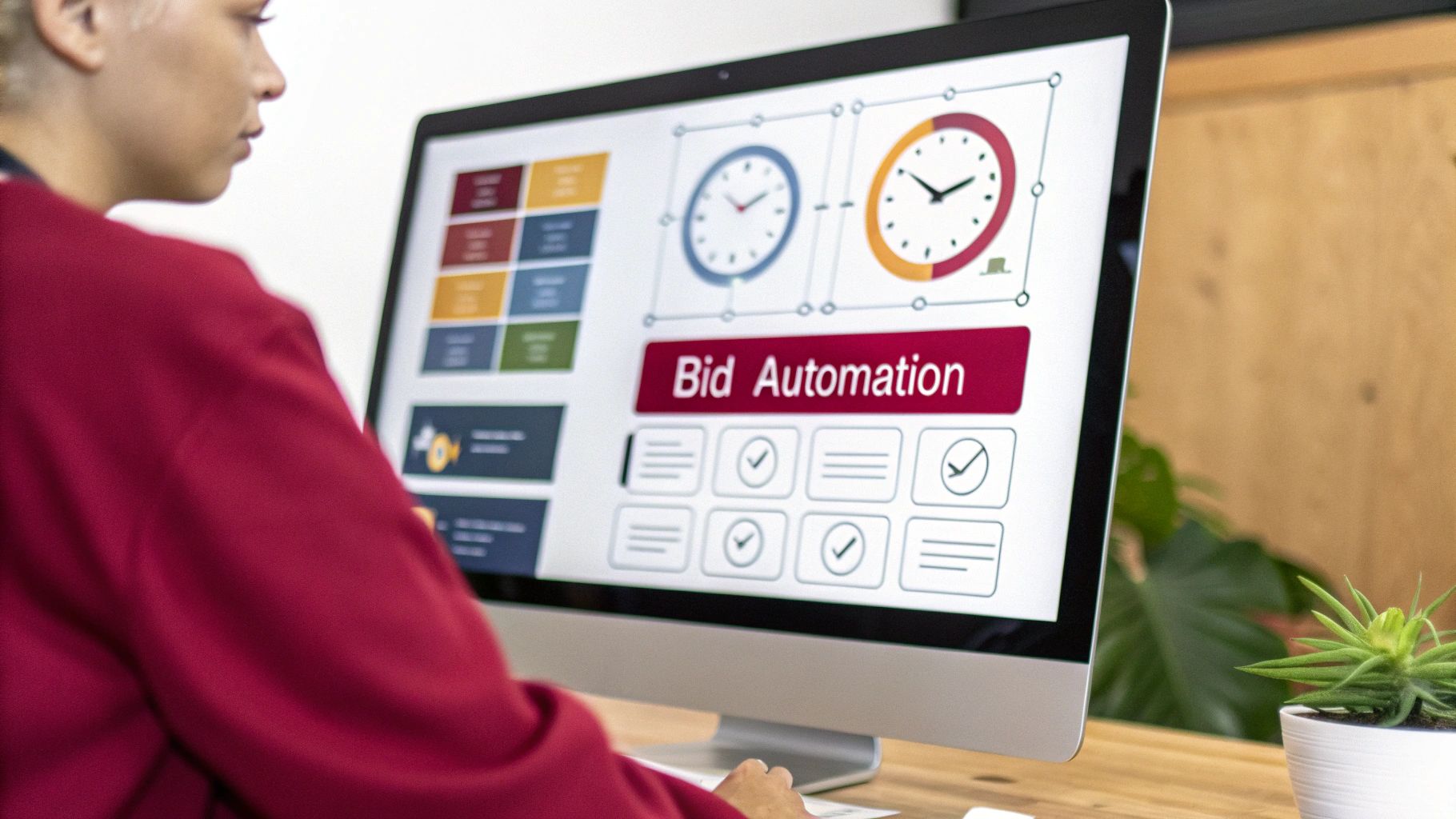 A person views a computer screen displaying "Bid Automation" software with graphs and checkmarks.