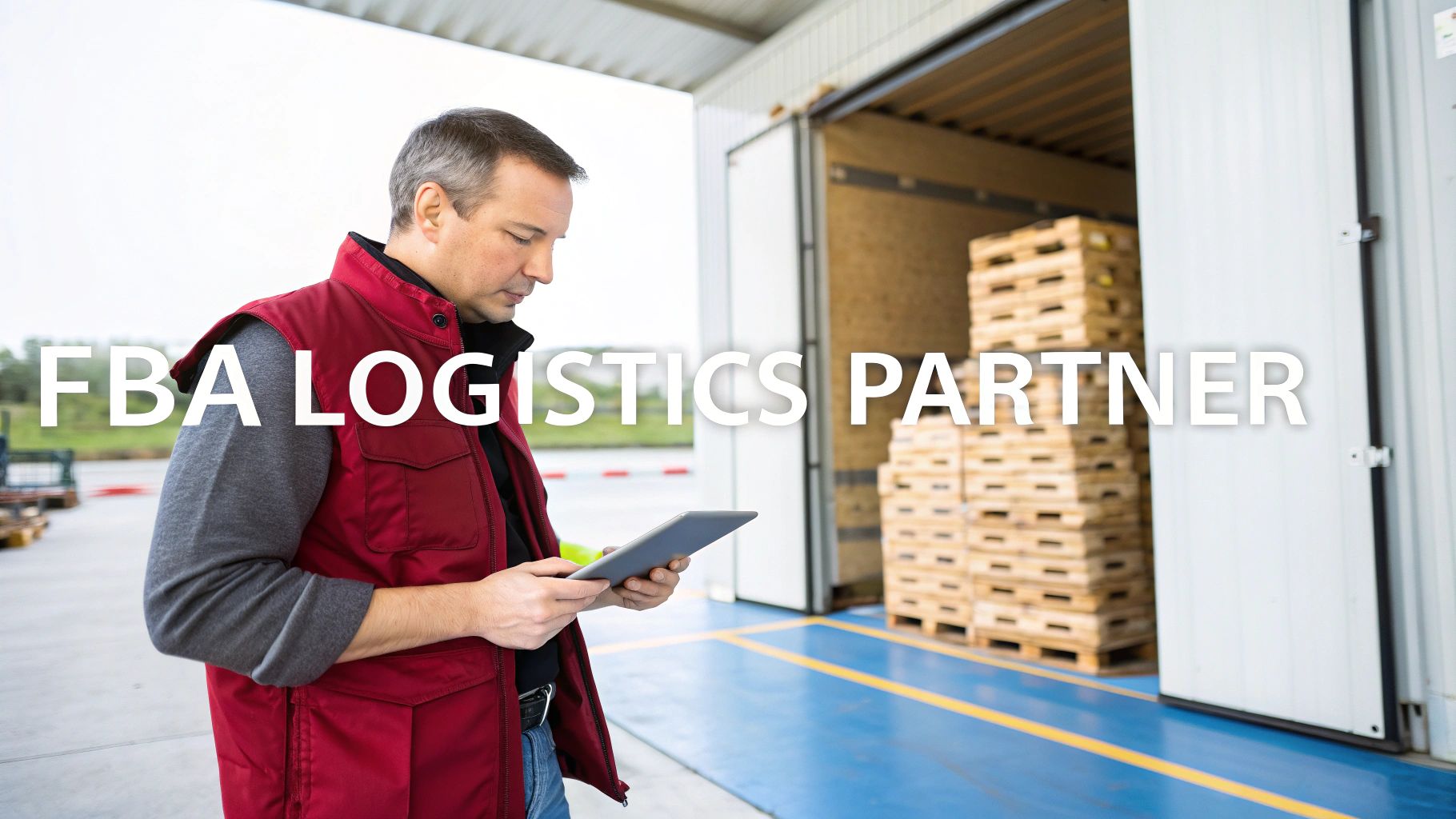 Man in red vest looking at a tablet in front of an open truck with wooden pallets, representing an FBA logistics partner.