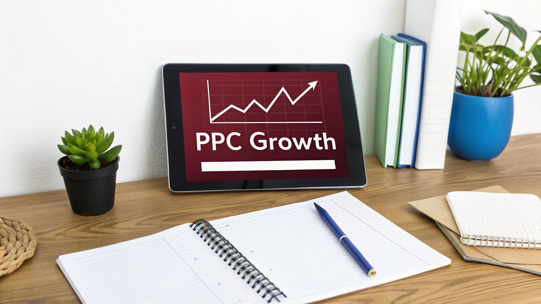 A tablet on a wooden desk displays 'PPC Growth' with an upward trending graph, alongside a notebook and plants.