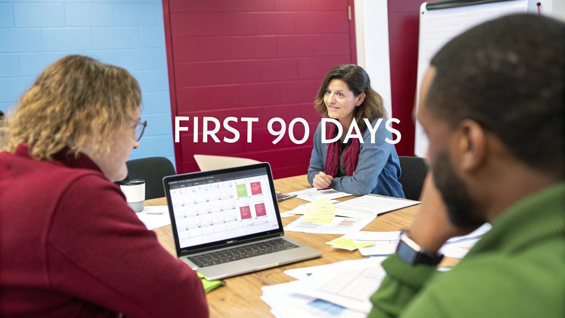 Three people in a meeting discussing a 'First 90 Days' plan, with one person viewing a calendar on a laptop.