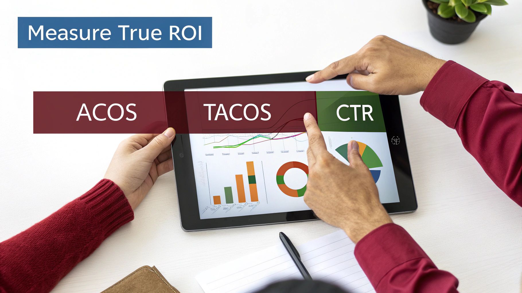 Two people analyze ACOS, TACOS, and CTR metrics on a tablet to measure true ROI for advertising.
