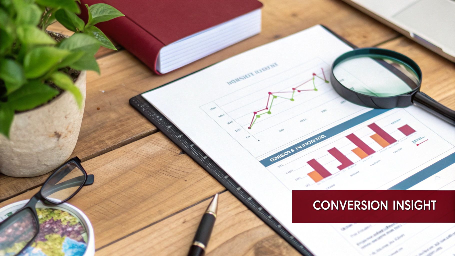 A desk with business documents showing graphs, a magnifying glass, pen, and 'Conversion Insight' text.