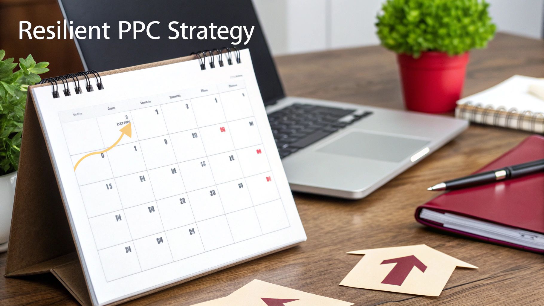Desk setup with a laptop, calendar illustrating growth, and the text 'Resilient PPC Strategy'.