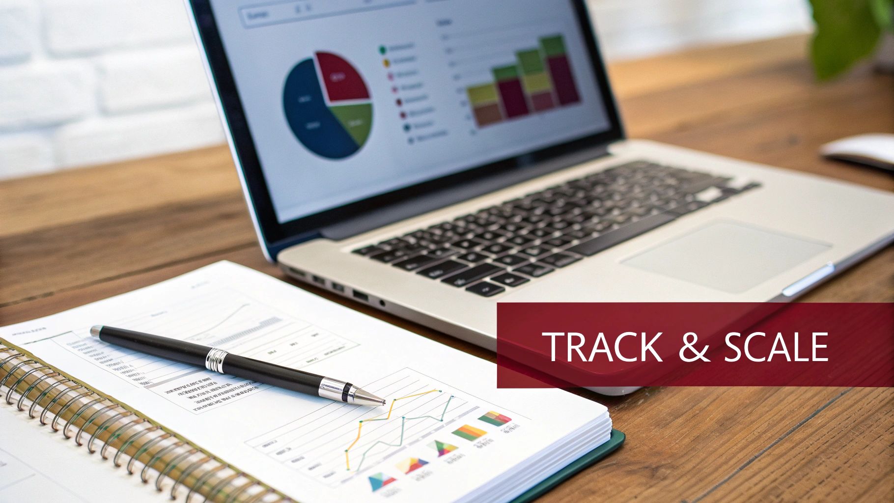 A laptop displaying business charts and graphs next to a notebook with data and a pen, emphasizing tracking and scaling.