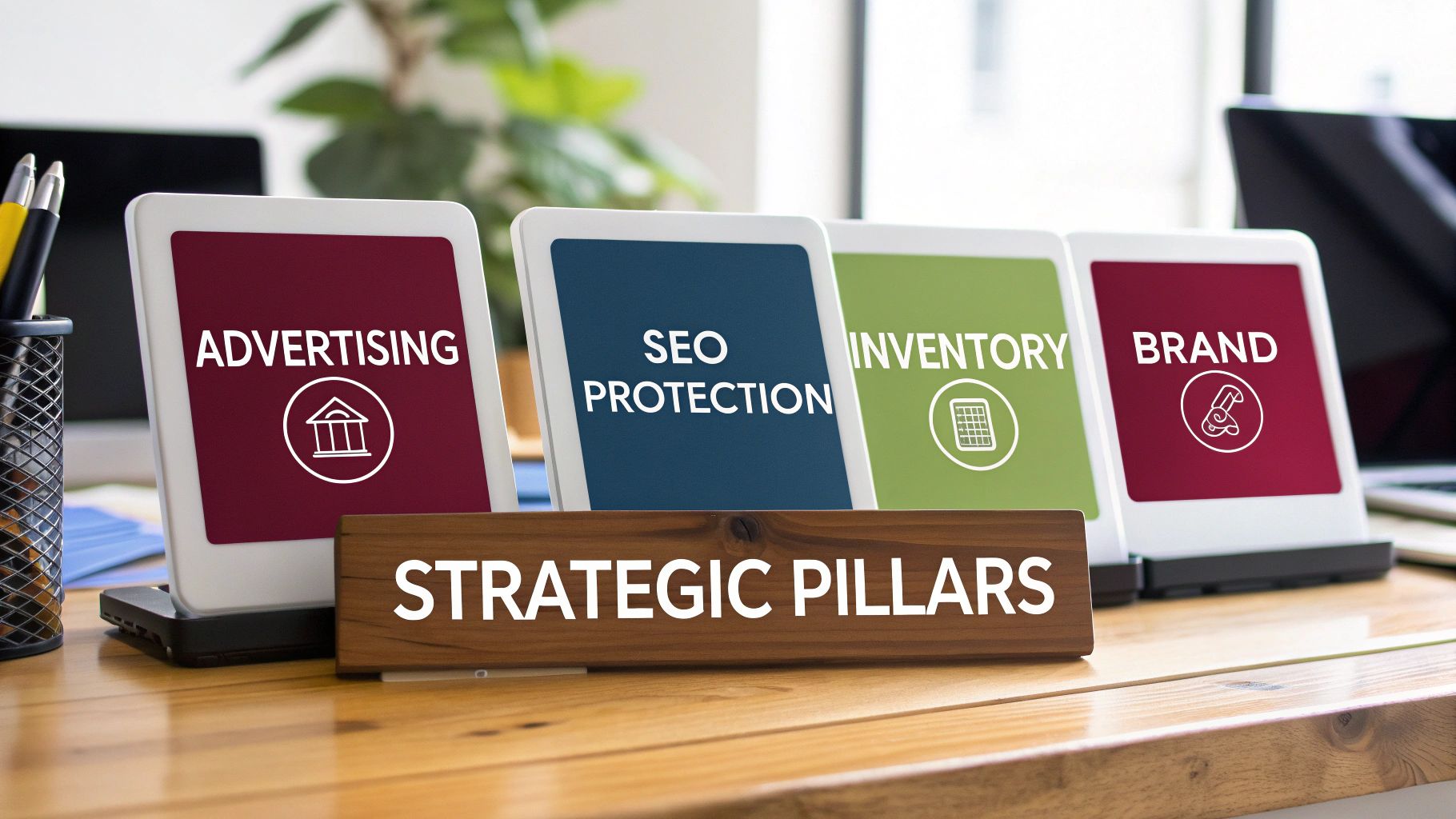 Four stands display business strategic pillars: Advertising, SEO Protection, Inventory, and Brand.