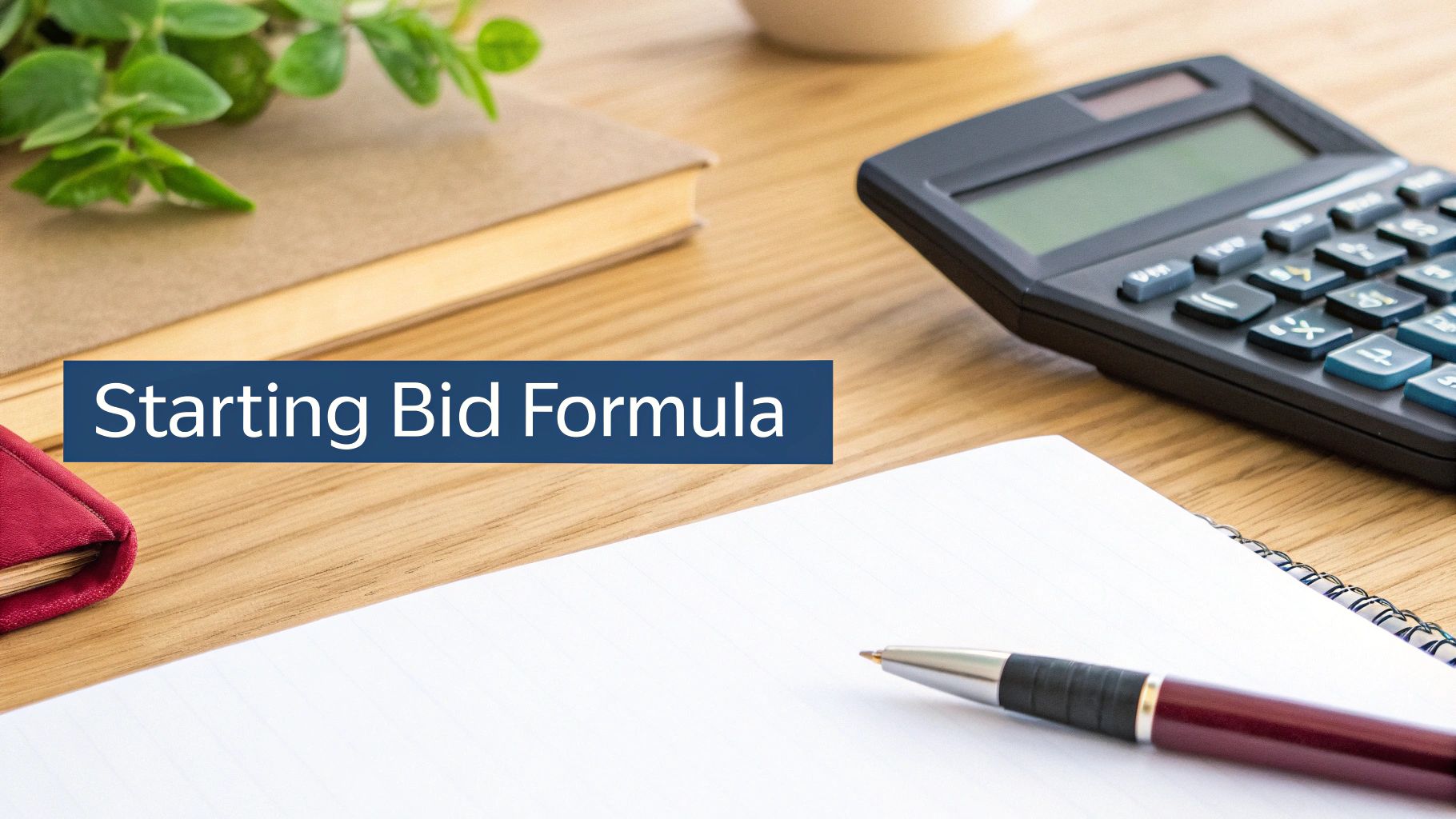 A desk with a calculator, notebook, pen, and book, featuring 'Starting Bid Formula' text.
