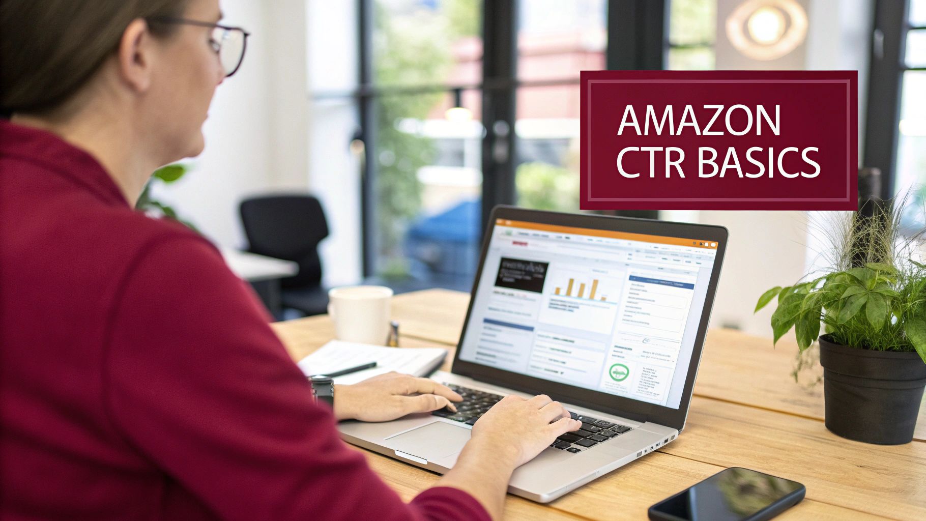 A magnifying glass focusing on the term CTR, representing the importance of click-through rate in Amazon search results.