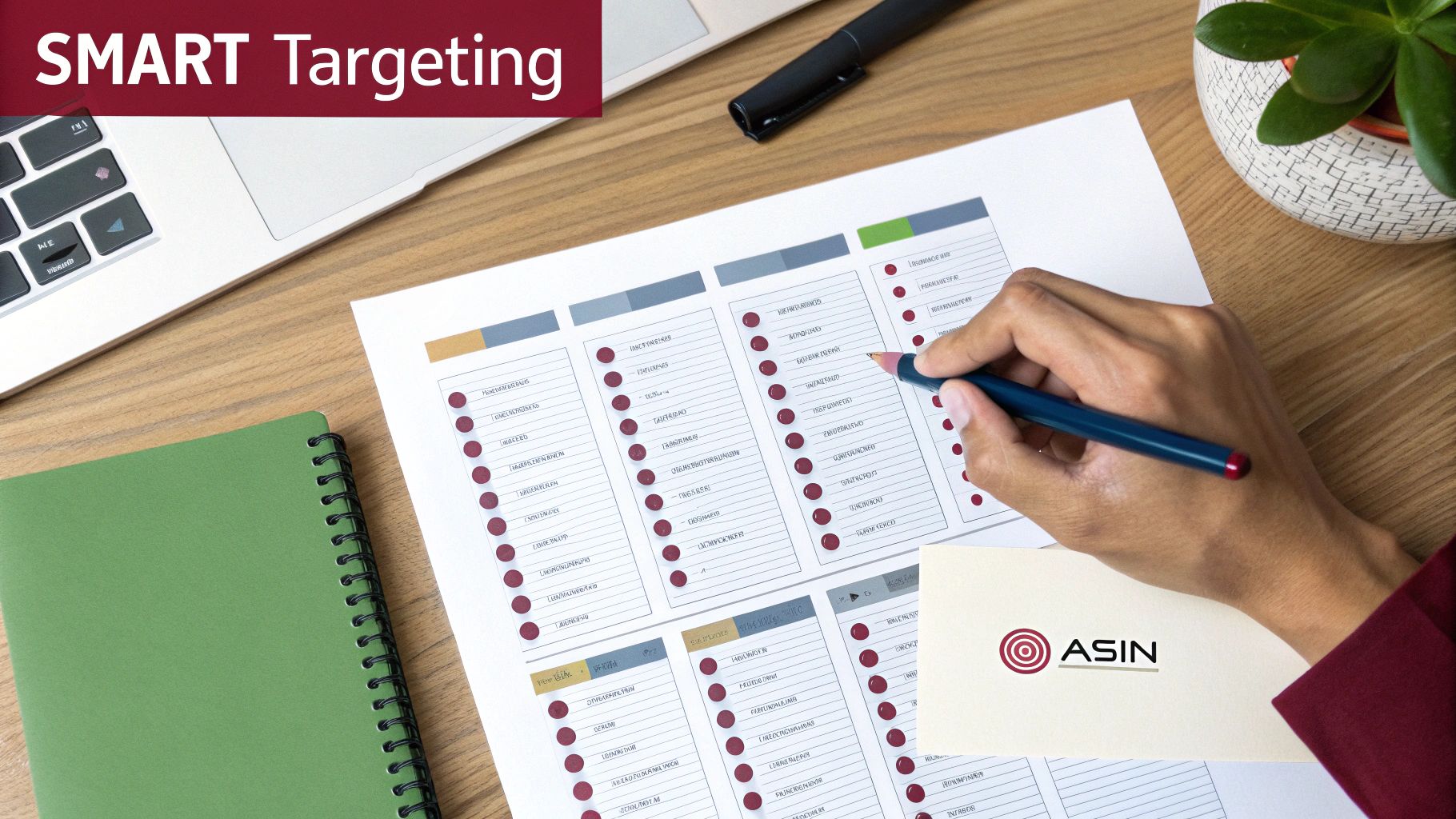 Professional reviewing SMART targeting checklist document on desk with laptop and notebook for strategic planning