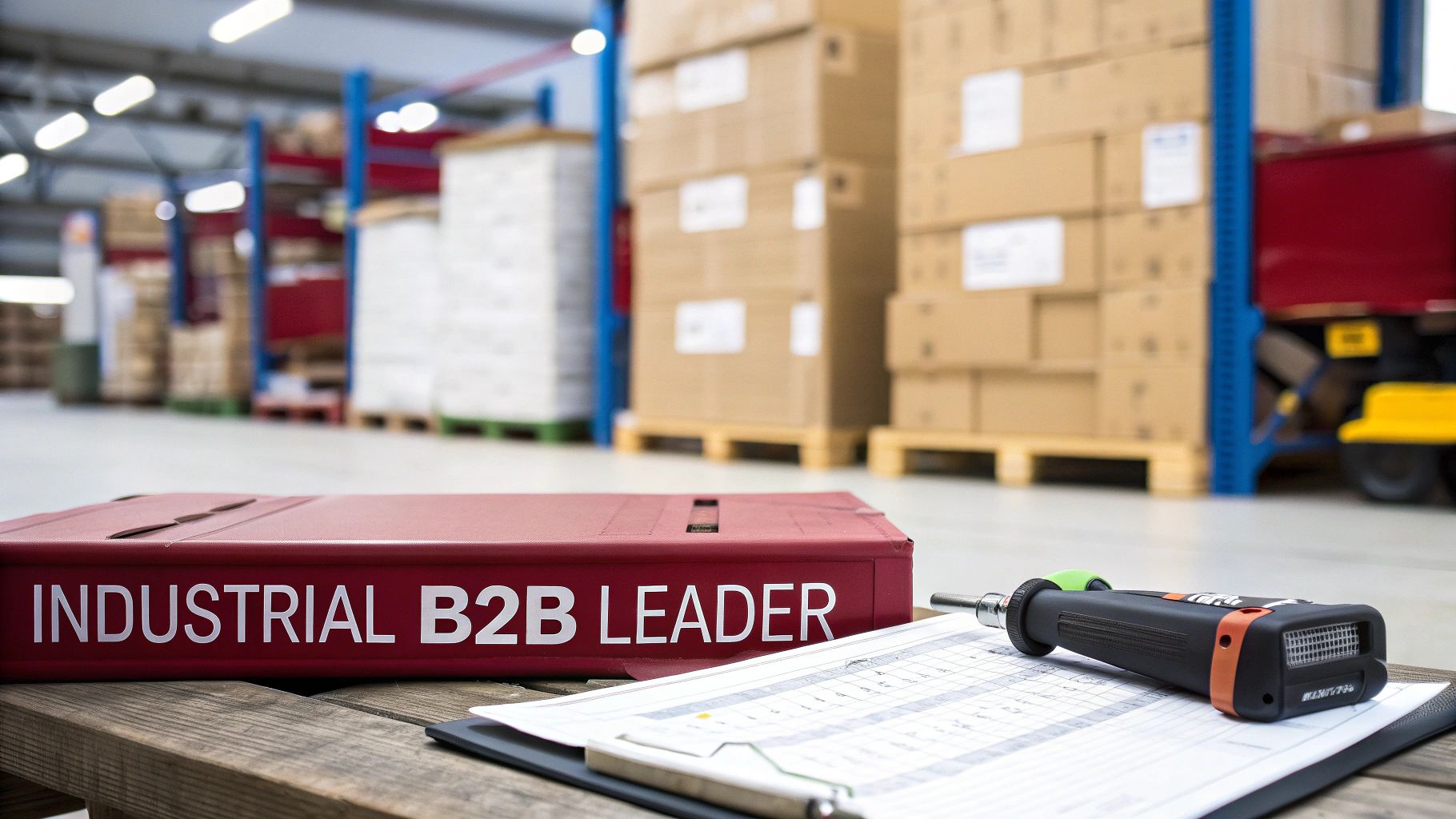 A red binder labeled 'INDUSTRIAL B2B LEADER' and a tool on a table in a warehouse setting.