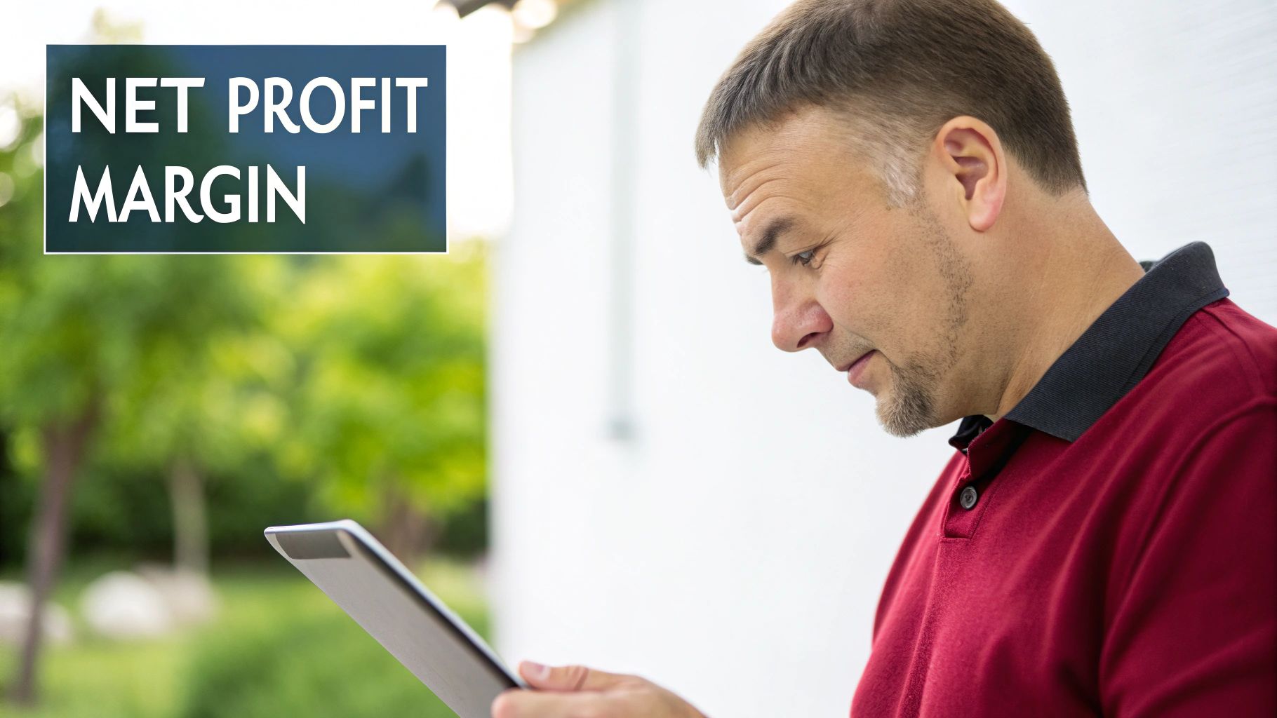 A man in a red polo shirt thoughtfully examines a tablet with 'NET PROFIT MARGIN' text above.