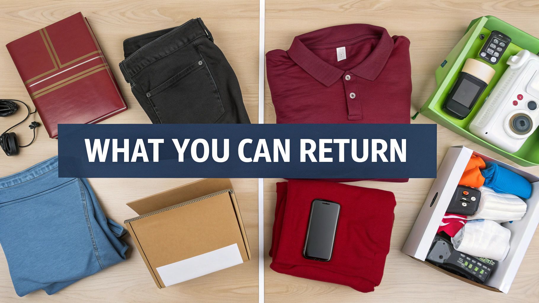 Overhead shot of clothes, electronics, books, and boxes with a 'WHAT YOU CAN RETURN' banner.