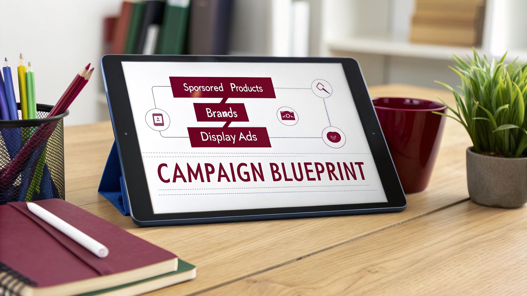 A tablet displays a 'Campaign Blueprint' diagram showing Sponsored Products, Brands, and Display Ads on a wooden desk.