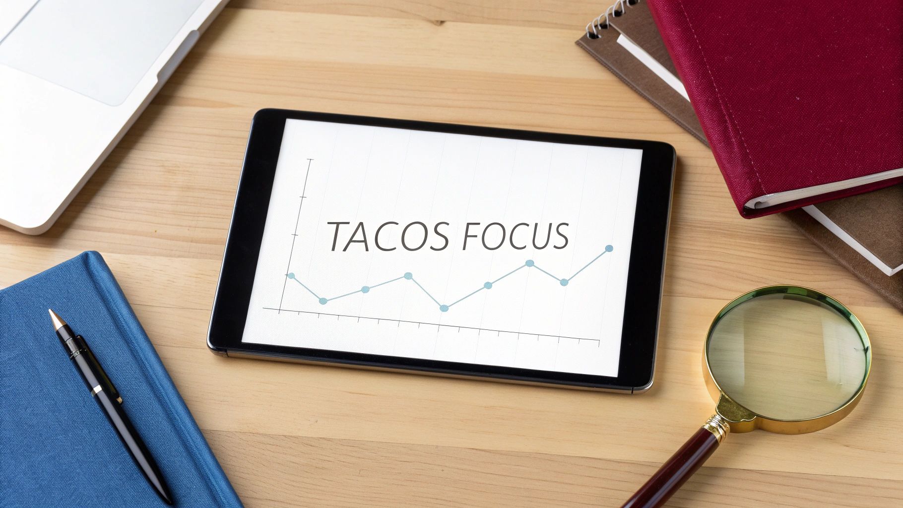 A tablet displaying a 'TACOS FOCUS' graph on a wooden desk with a laptop and notebooks.