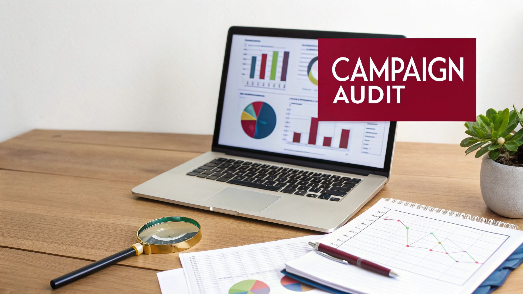 A desk with a laptop displaying data charts, a 'CAMPAIGN AUDIT' overlay, a magnifying glass, and documents.