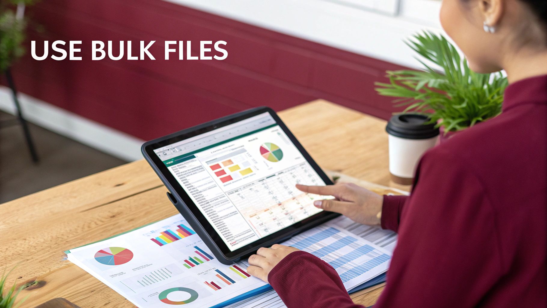 Person analyzing charts and data on a tablet and paper, demonstrating bulk file management and data analysis.