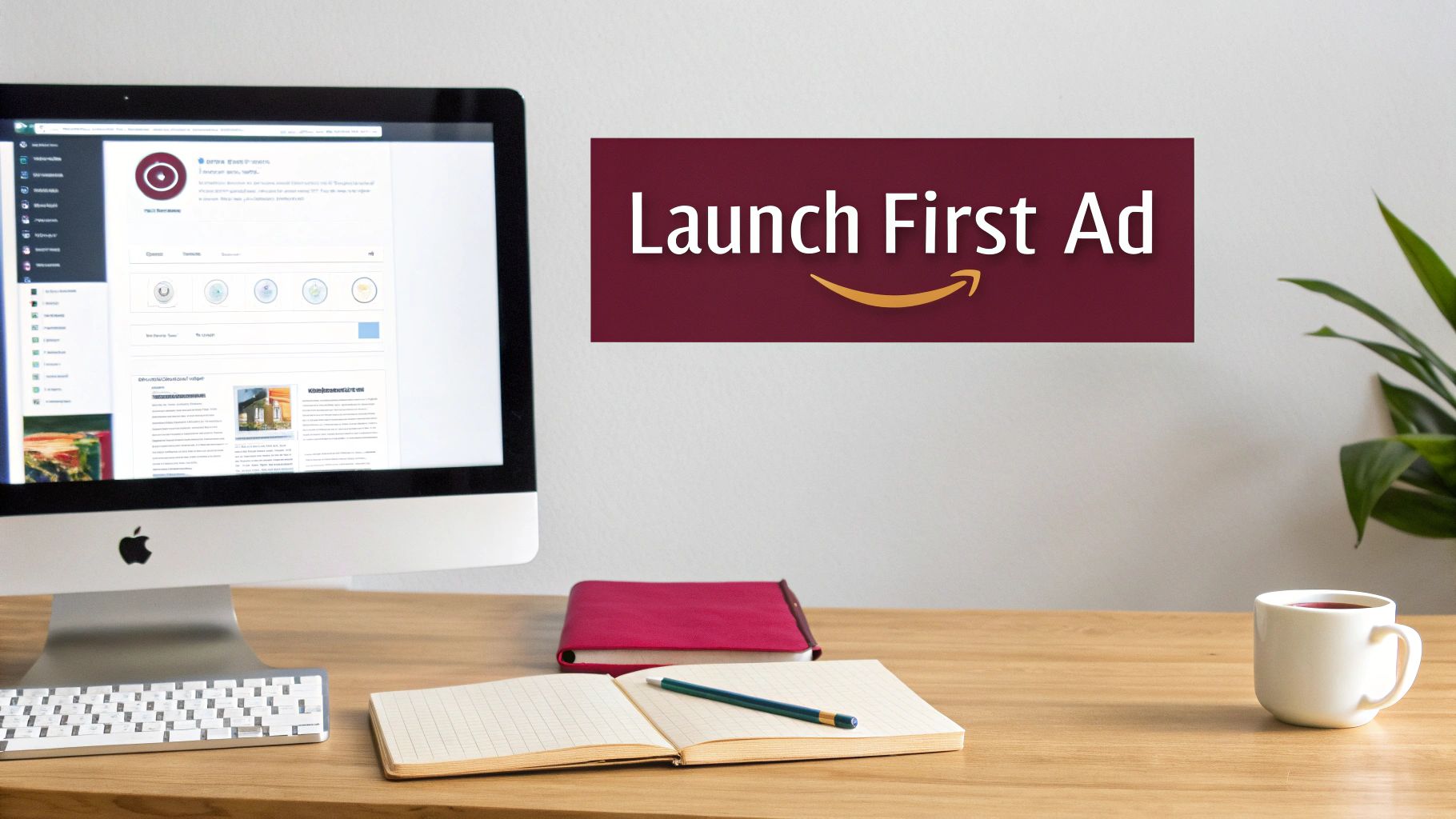 An author working on a laptop, planning an Amazon ad campaign.