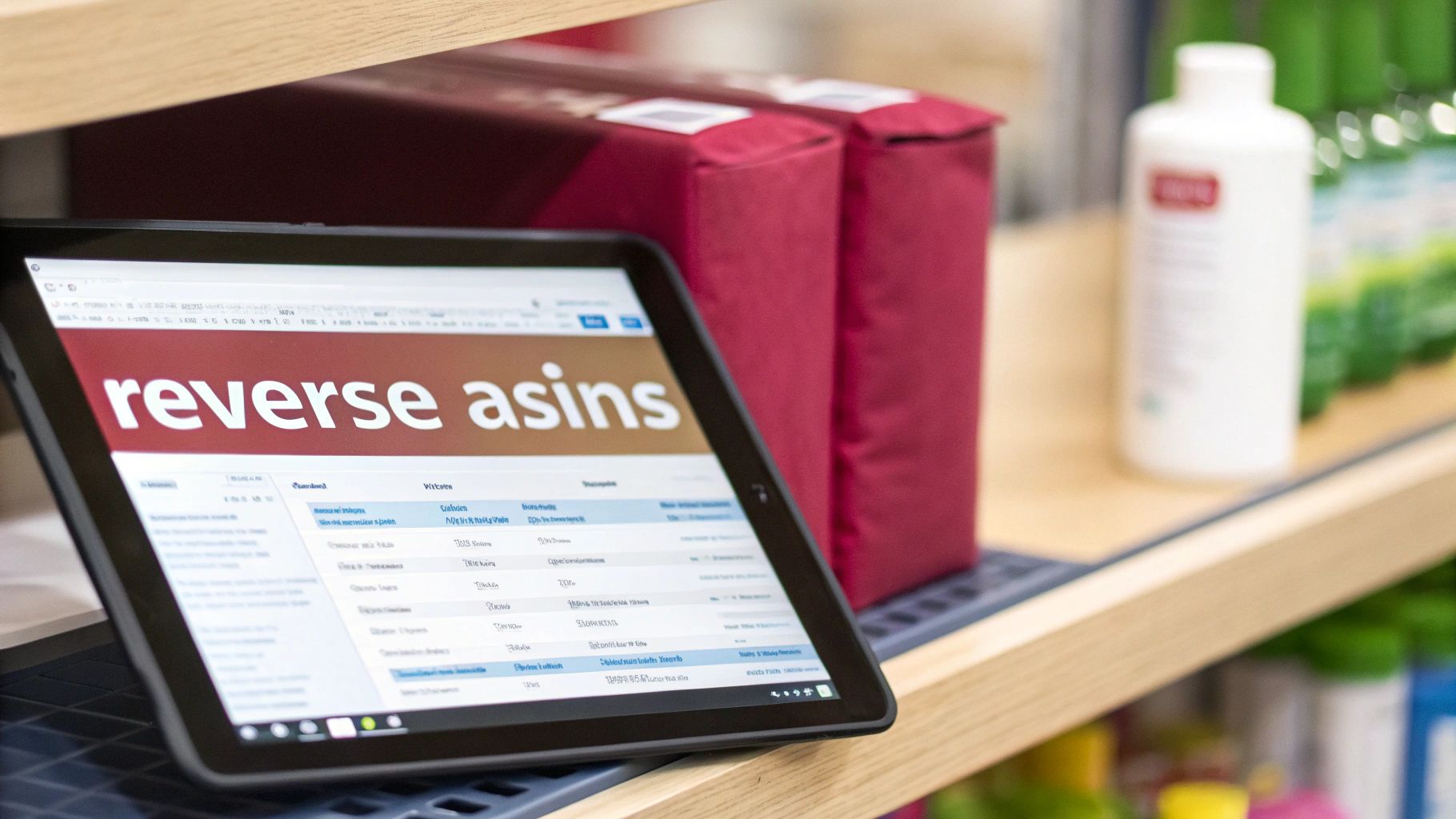 A tablet displaying 'reverse asins' software for product research on a retail shelf.