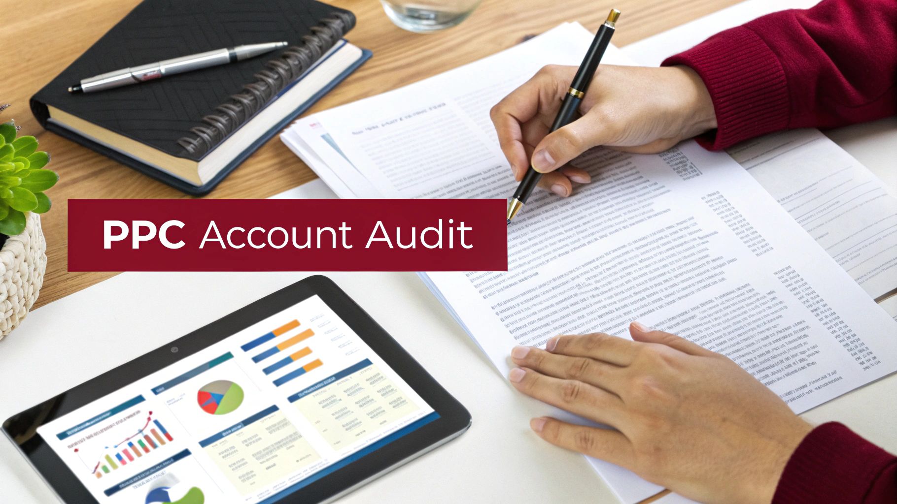Hands reviewing PPC account audit documents and performance data on a digital tablet.