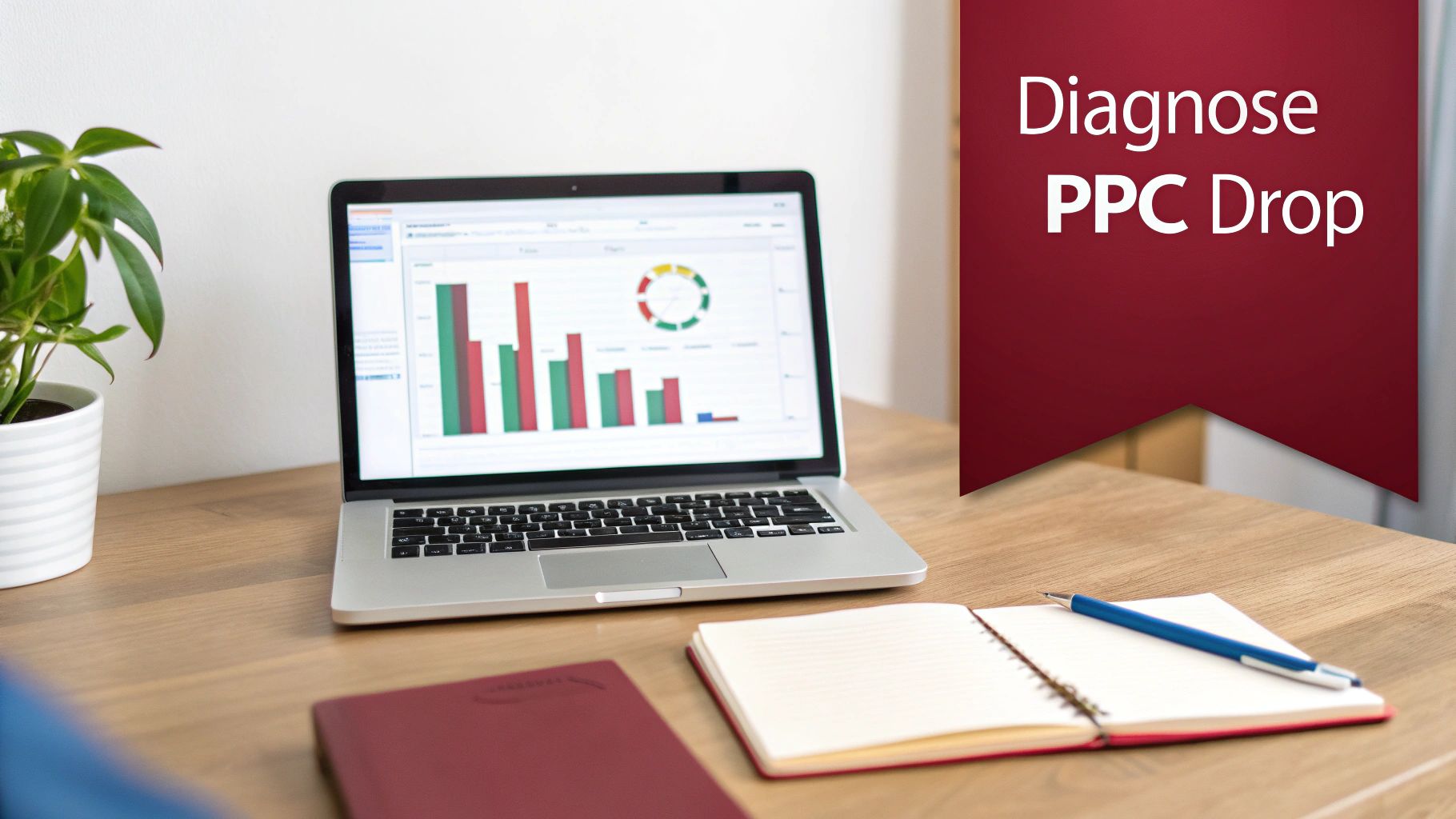 A laptop displays PPC performance graphs, next to a plant, notebook, and pen, with a 'Diagnose PPC Drop' banner.