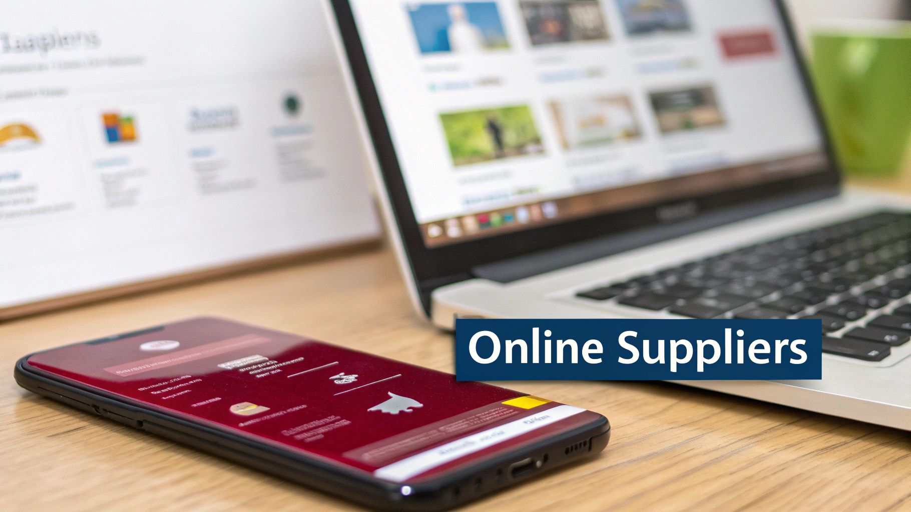 A smartphone and a laptop on a wooden desk with an 'Online Suppliers' banner.