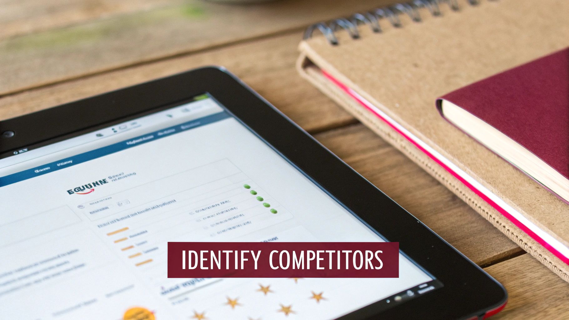 Tablet displaying competitor analysis dashboard on wooden desk with notebooks and business planning tools