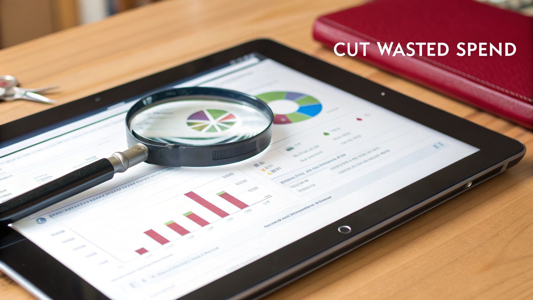A magnifying glass on a tablet screen showing financial charts, bar graphs, and "CUT WASTED SPEND".