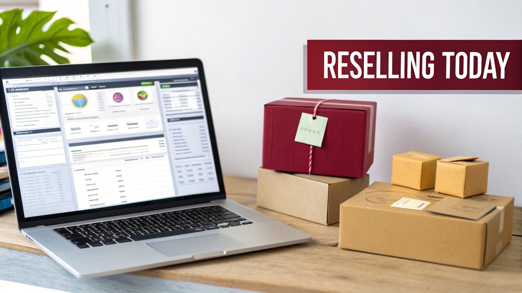 A laptop displays sales data next to gift and shipping boxes, illustrating an online reselling business.