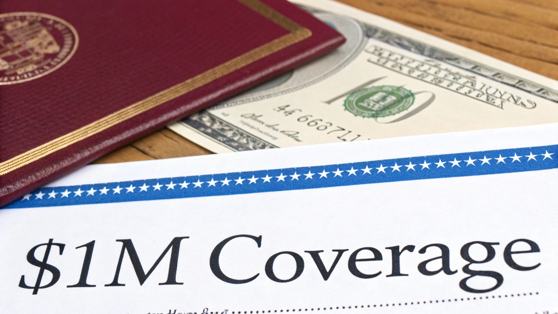 A red document, a hundred-dollar bill, and a paper displaying "$1M Coverage" with a blue star border.
