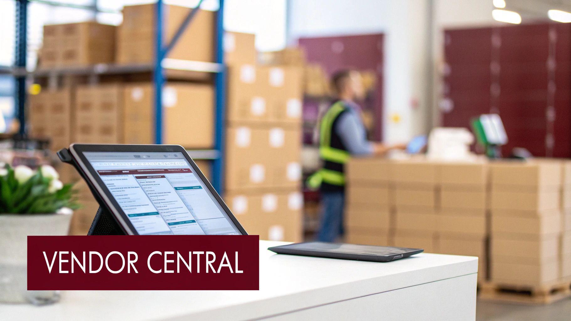 Tablet displaying a vendor central dashboard in a warehouse with a worker and boxes.