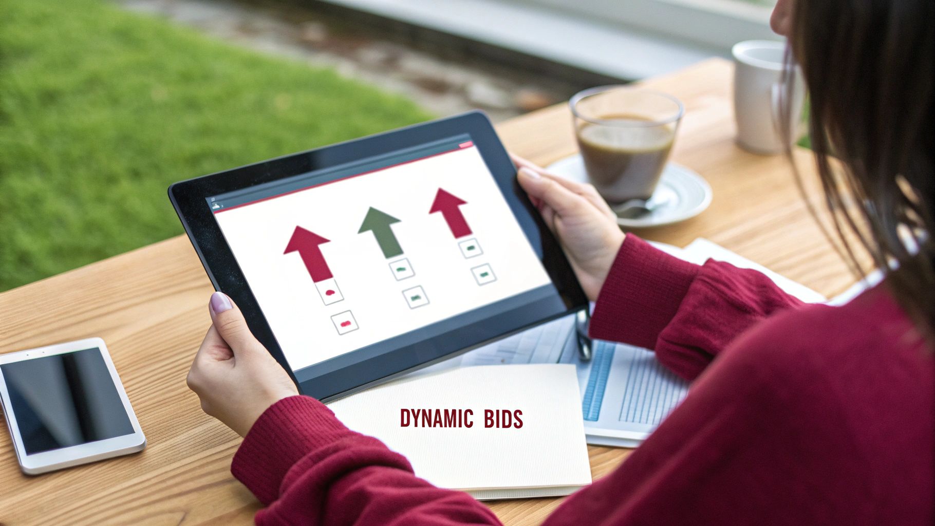 Person using a tablet displaying bid optimization arrows, with 'DYNAMIC BIDS' on a notebook.
