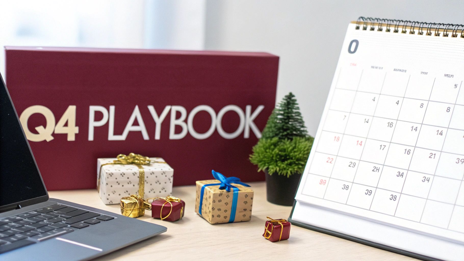 A desk setup featuring a 'Q4 PLAYBOOK' box, laptop, calendar, and small festive gifts.