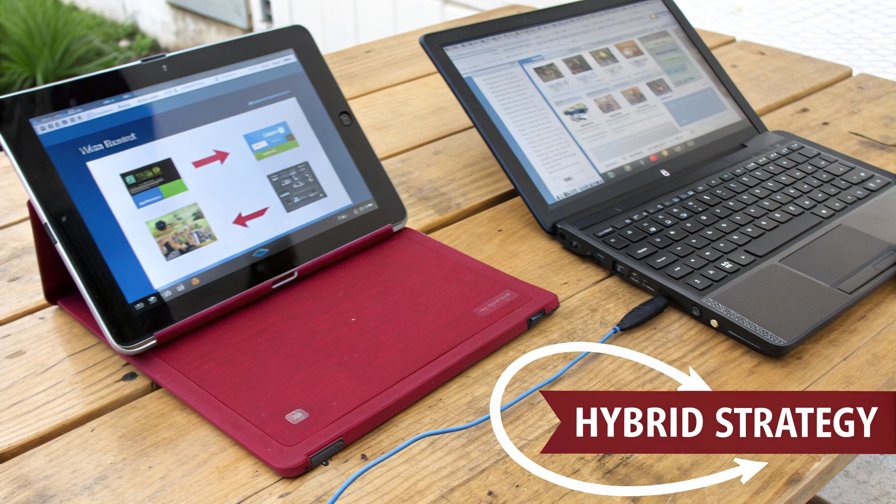 A tablet and a laptop connected by a blue cable, illustrating a hybrid computing strategy.