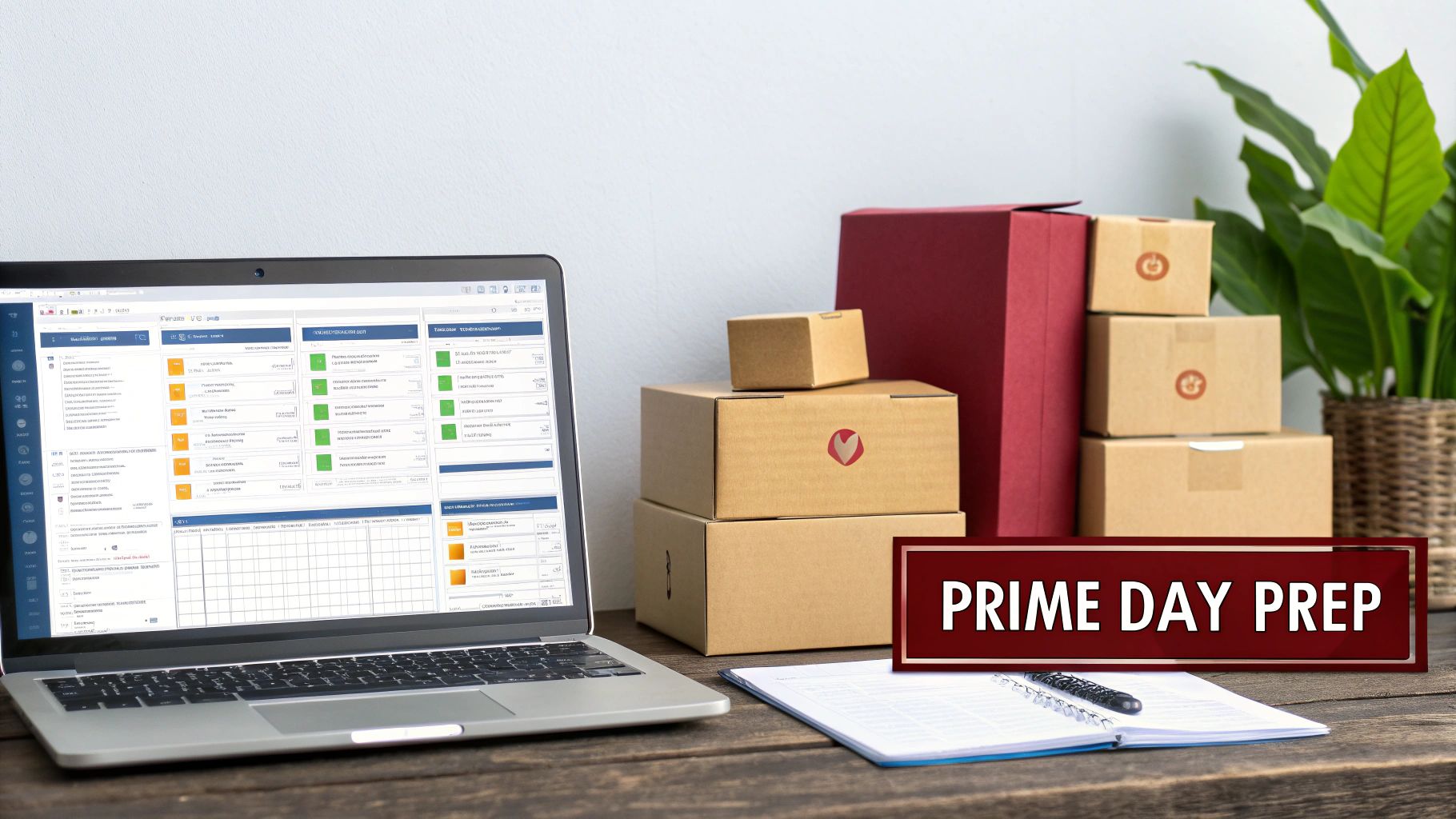 A laptop with e-commerce software, stacked shipping boxes, and a "Prime Day Prep" sign on a desk.