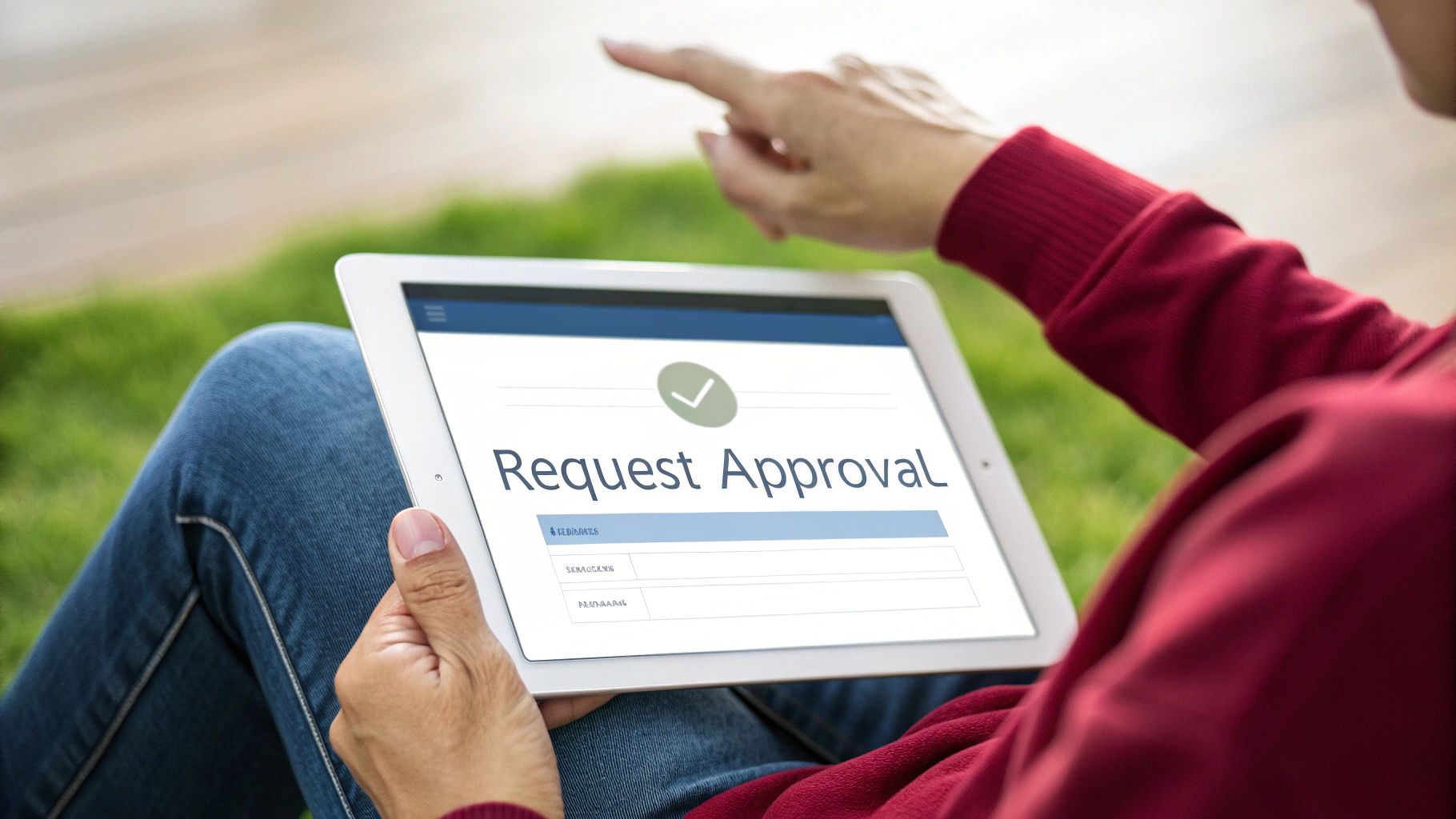 Person using a tablet outdoors, viewing a digital 'Request Approval' form with a checkmark.